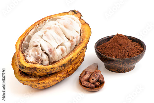 Cacao or Theobroma cacao fruit and powder isolated on white background.