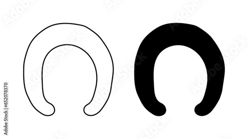 Horseshoe. Hoof footprint of shod horse or pony. Silhouette, outline. Vector isolated on white. Black and white drawing. Traces of horseshoes of donkey, mule. Icon. For print, textile, emblem, badge.