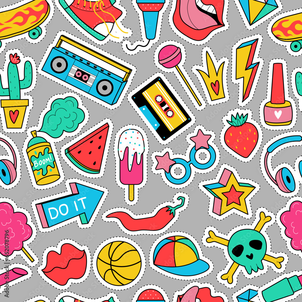 Stickers pattern. Sticky retro labels fashioned teenage items recent vector seamless background Stickers pattern. Sticky retro labels fashioned teenage items recent vector seamless background