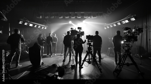 Behind the scene of film production in the studio. Movie making scene in black and white.