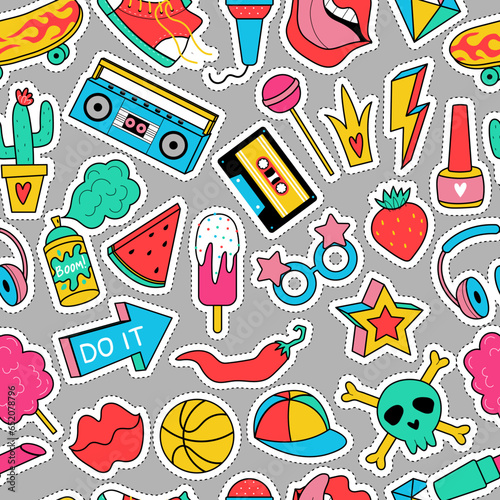 Stickers pattern. Sticky retro labels fashioned teenage items recent vector seamless background