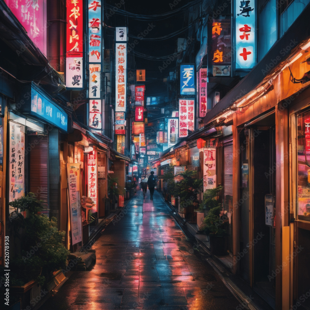 Japan, Tokyo alley at night filled with neon lights.