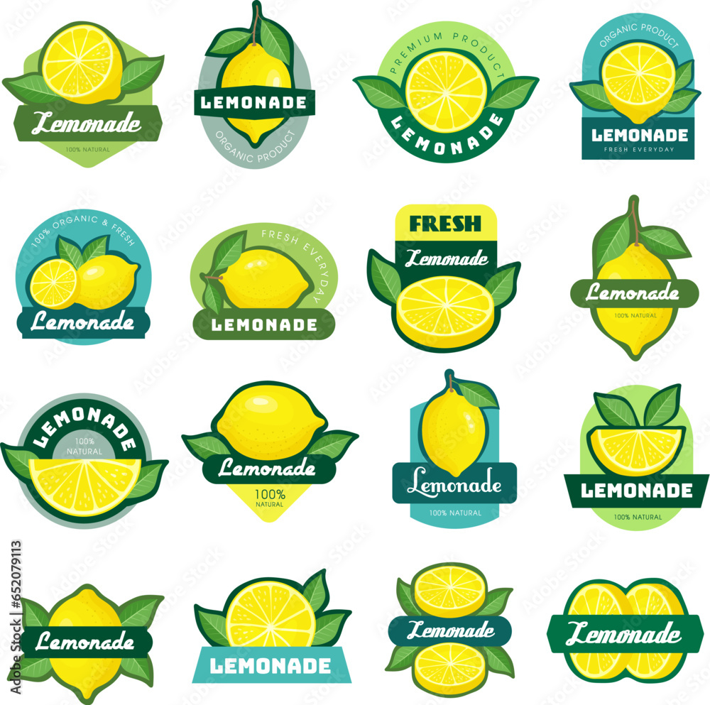 Lemonade labels. Sticky decorative tags or badges with lemon pictures recent vector labels for fresh juice