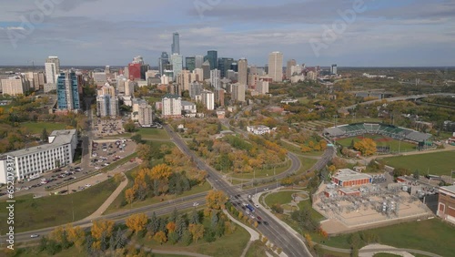 Aerial view of Edmonton skyline with traffic photo