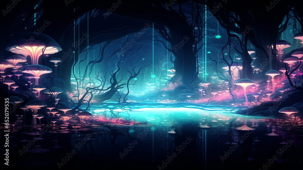 Abstract magical landscape bioluminescent, AI