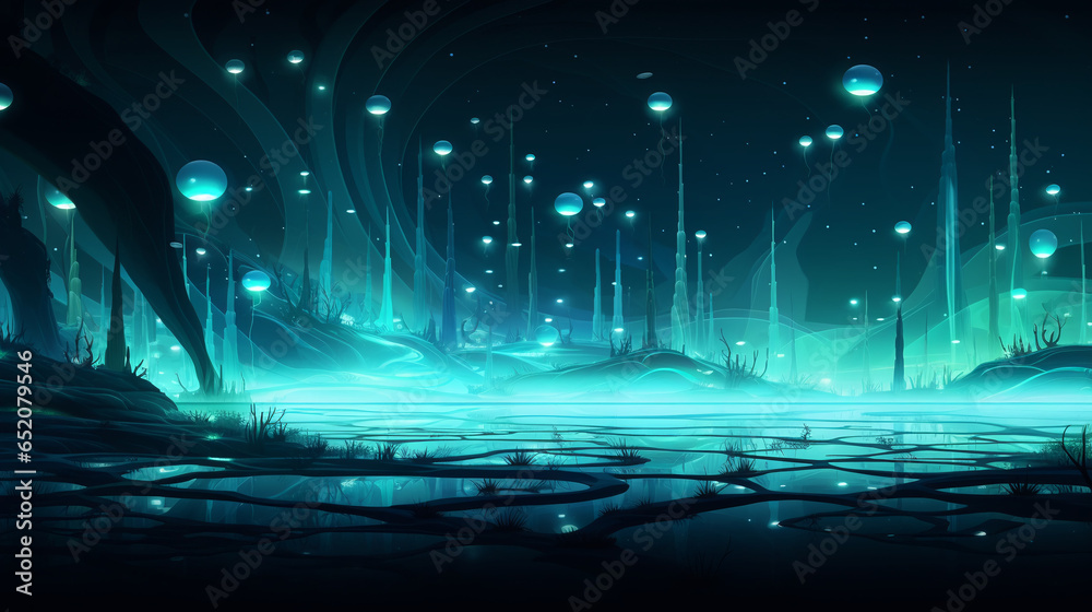 Abstract magical landscape bioluminescent, AI Abstract magical landscape bioluminescent, AI