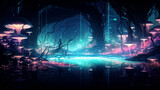 Abstract magical landscape bioluminescent, AI