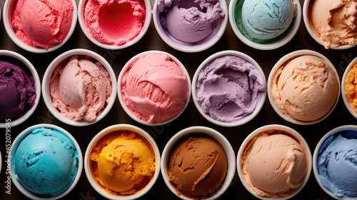 Top view of delicious scoops of creamy ice cream in different colors and flavors. Wallpaper with Milky tasty ice cream balls. 