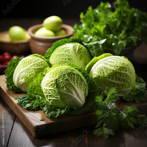 A cabbage on a wooden cutting board Generative AI