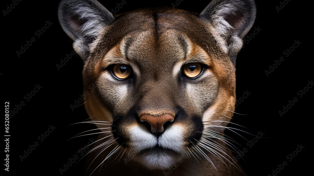 Close up portrait of a Puma. Cougar, mountain lion head on black background - obrazy, fototapety, plakaty 