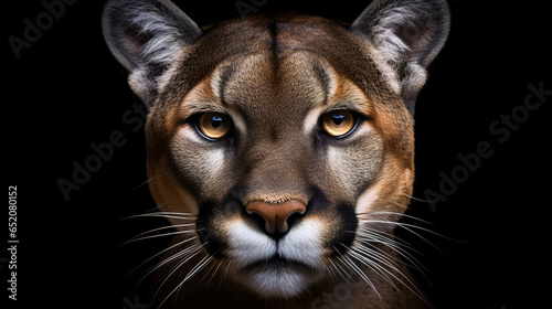 Close up portrait of a Puma. Cougar, mountain lion head on black background