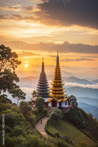 two pagoda at the inthanon mountain at sunset, chiang mai, thailand.inthanon mountain is the photo