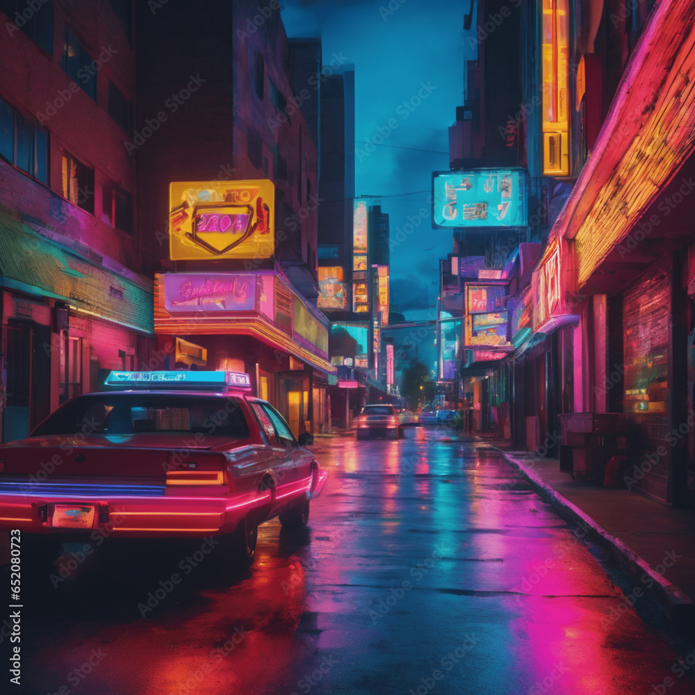 '90s aesthetic neon street with cars