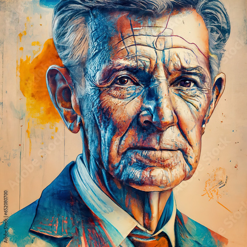 AI generated painting of an elderly man's face, who could be a professional or might be attending an event