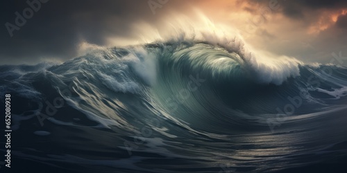 Dramatic breaking crashing wave in the ocean, large with ominous cloudy sky, white crested. Generative AI.    © Carl & Heidi