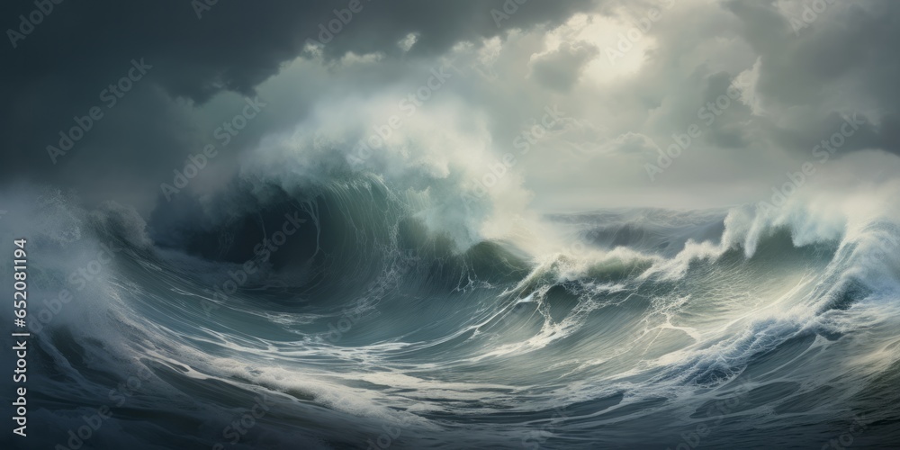 Dramatic breaking crashing wave in the ocean, large with ominous cloudy sky, white crested. Generative AI.
Dramatic breaking crashing wave in the ocean, large with ominous cloudy sky, white crested. Generative AI.