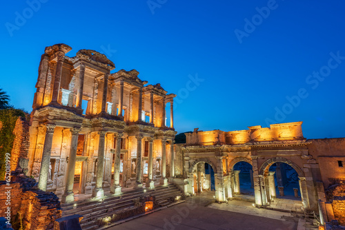Bild auf Leinwand The ruins of the ancient city of Ephesus with sunset light and night lights