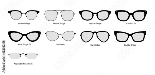 Frame Bridge Types Eye frame glasses fashion accessory illustration. Sunglass front view for Men, women, unisex silhouette style, flat rim spectacles eyeglasses with lens sketch style outline isolated