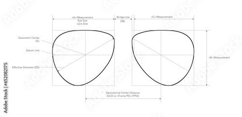 Box System of Measurement of lens glasses Eye frame fashion accessory technical illustration. Sunglass style, flat spectacles eyeglasses sketch style outline isolated on white background