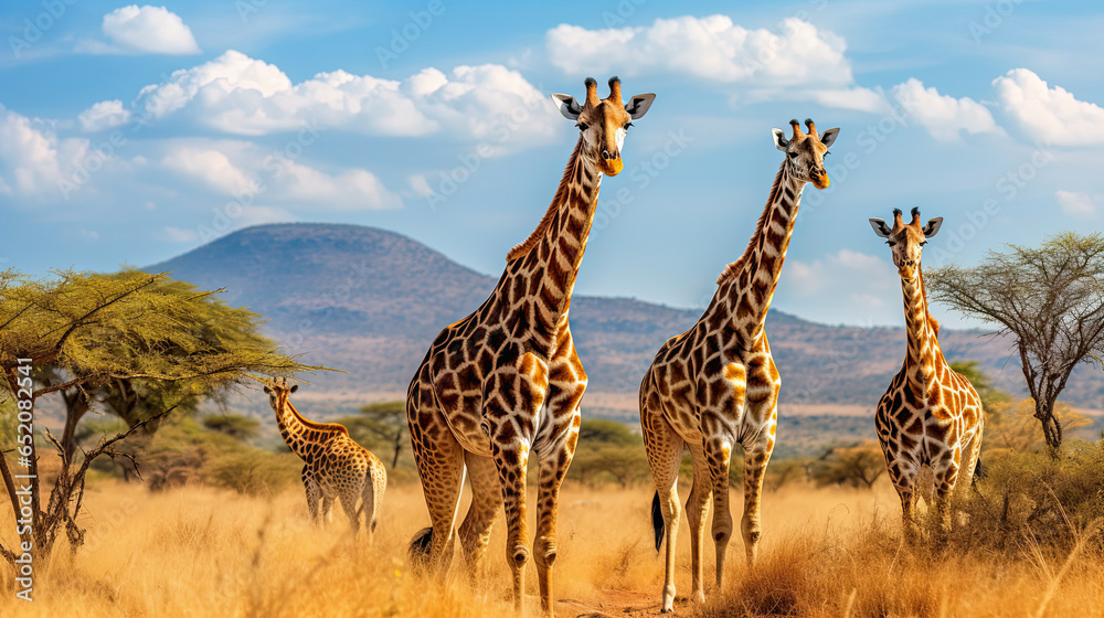 Giraffes in the African savannah. Serengeti National Park. Africa. Tanzania. - obrazy, fototapety, plakaty 