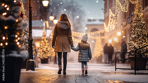 Christmas street,  mother and daughter
