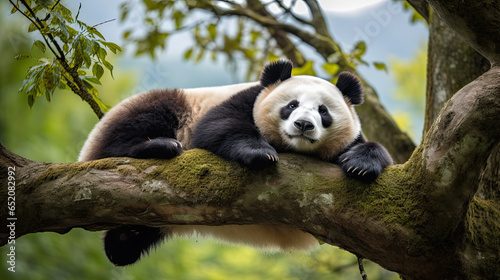 Lazy Panda Bear Sleeping on a Tree Branch, China Wildlife. Bifengxia nature reserve, Sichuan Province.