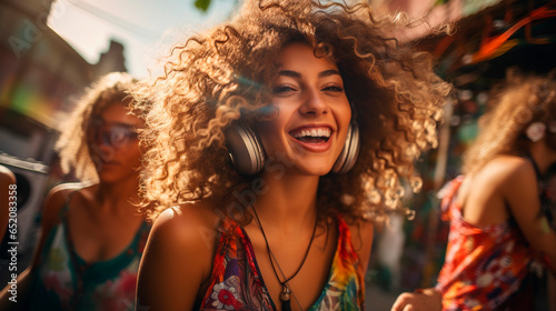 woman Smile and enjoy the festive day, a curly haired with headphones at a music party