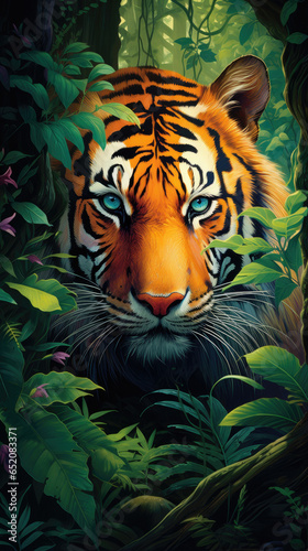 Curious Tiger cautiously exploring a Bamboo Forest - Generative AI Stock Illustration
