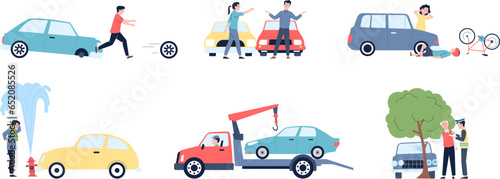 Road accidents, car accident and danger on roads. Damage transport, traffic help. Vehicle wreck, flat insurance ocasion recent vector scenes