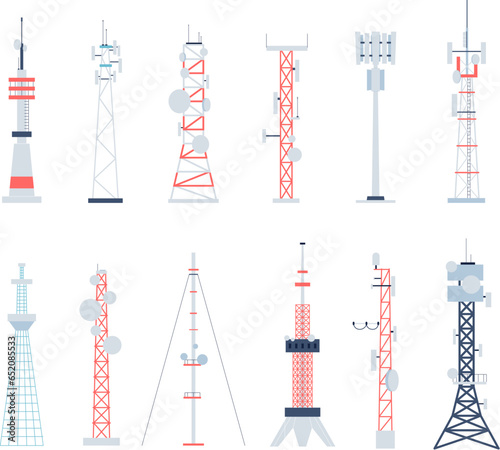 Wireless towers, construction radio telephone tower with antenna. Telecoms communications equipment, 4g radar. Flat 5g station recent vector set