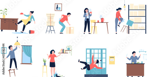 Home injuries, leg hurts and injury. Emergency accident at home, household health problems and shock. Adults burn and hit recent vector scenes
