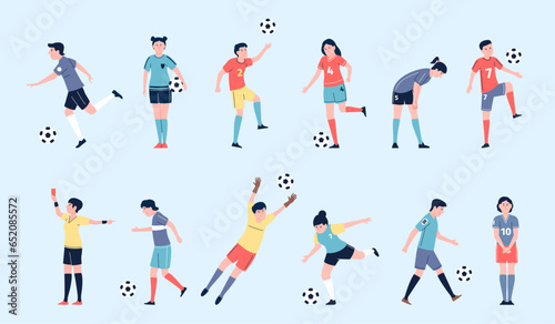 Football players, soccer teenagers flat characters. Flat professional athlete team, female and male play ball. Sport game recent vector set