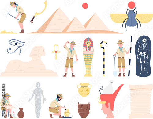 Archeology characters and historical discovery. Archaeologist treasure, tools and remains. Ancient greek and egypt, historic artifacts recent vector set