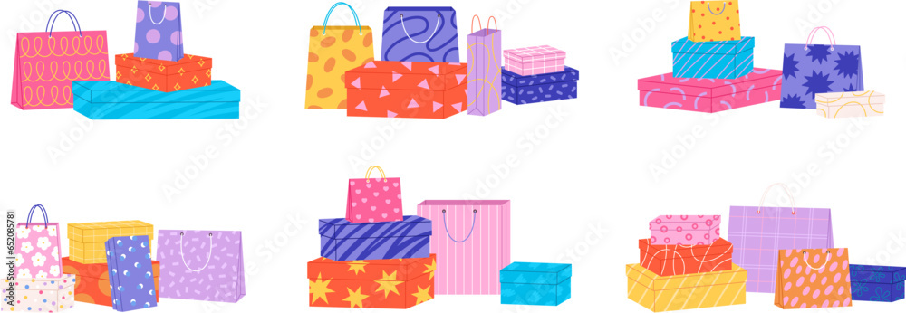 Paper boxes piles and bags stack. Shoes bag collection, craft fashion presents packaging design. Isolated shops purchases, racy vector set