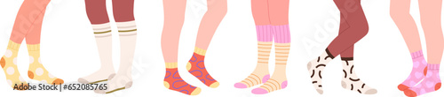 Legs wear socks, feet wearing color sock. Fabric foot accessory, cotton and decorative. Trendy female cozy clothes elements, fashion racy vector set