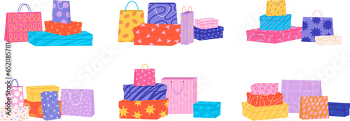 Paper boxes piles and bags stack. Shoes bag collection, craft fashion presents packaging design. Isolated shops purchases, racy vector set