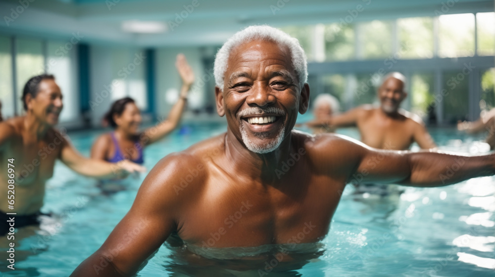 Active senior men enjoying aqua fit class in a pool, displaying joy and camaraderie, embodying a healthy, retired lifestyle
