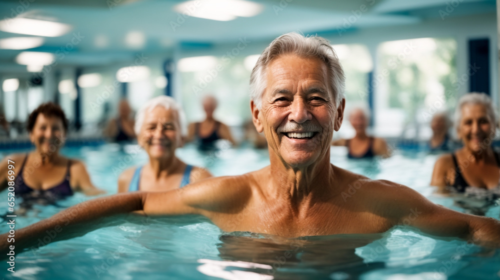 Active senior men enjoying aqua fit class in a pool, displaying joy and camaraderie, embodying a healthy, retired lifestyle
Active senior men enjoying aqua fit class in a pool, displaying joy and camaraderie, embodying a healthy, retired lifestyle