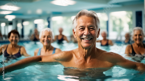 Active senior men enjoying aqua fit class in a pool, displaying joy and camaraderie, embodying a healthy, retired lifestyle 