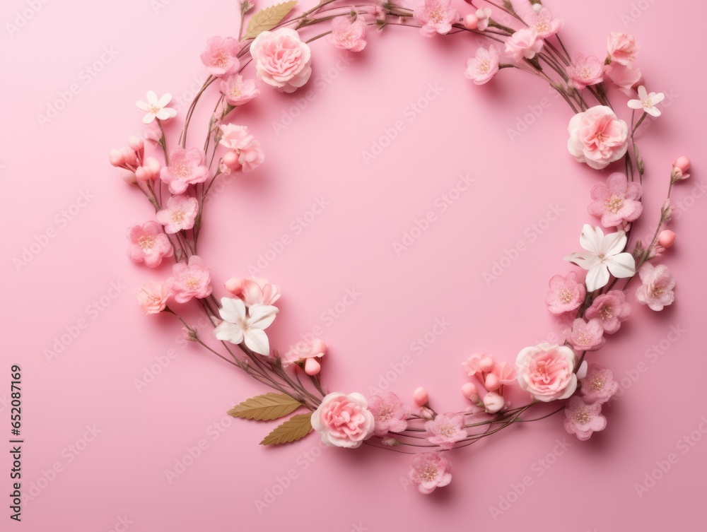 Beautiful Different small flowers in a wreath on pink background with copy space. Generative AI image weber.