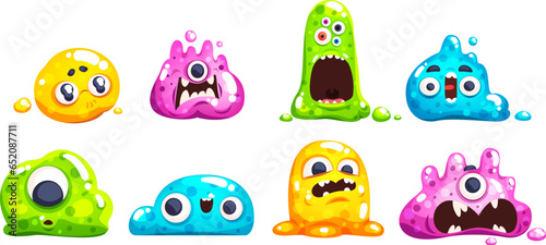 Slime monsters. Fantastic jelly stain monster, sticky liquid crazy creatures slimes blob gel characters, candy purple blue color glitter creature, game classy vector illustration