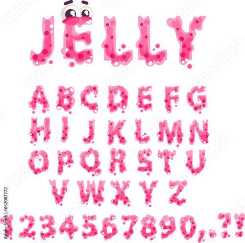 Pink slime font. Gum alphabet, dripping melted letters cartoon bubblegum kid typography, sweet jelly drip drop liquid sticky text type number and letter, classy vector illustration