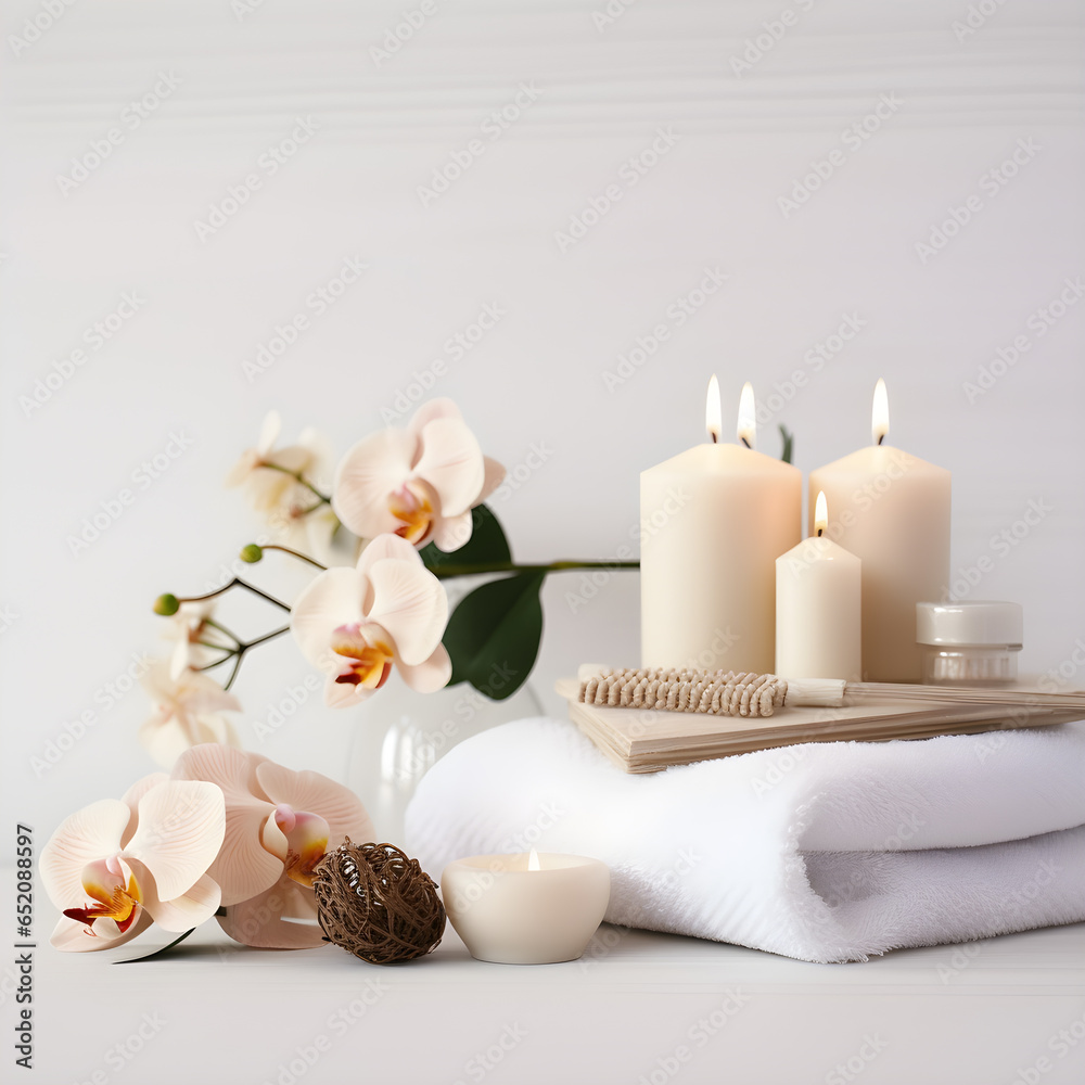 spa still life with candles and orchid composition of spa candles and towels on white table spa still life with candles and orchid composition of spa candles and towels on white table