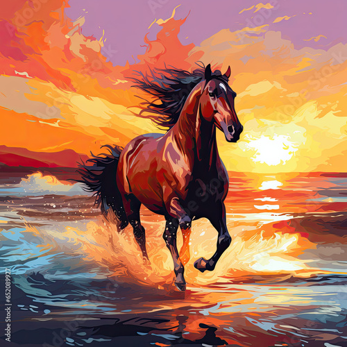 Sunrise Beach Galloping - Majestic Horse Stock Illustration for Generative AI