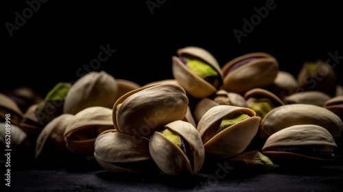 Pistachios on the black background. Pile of pistachio nuts, closeup.