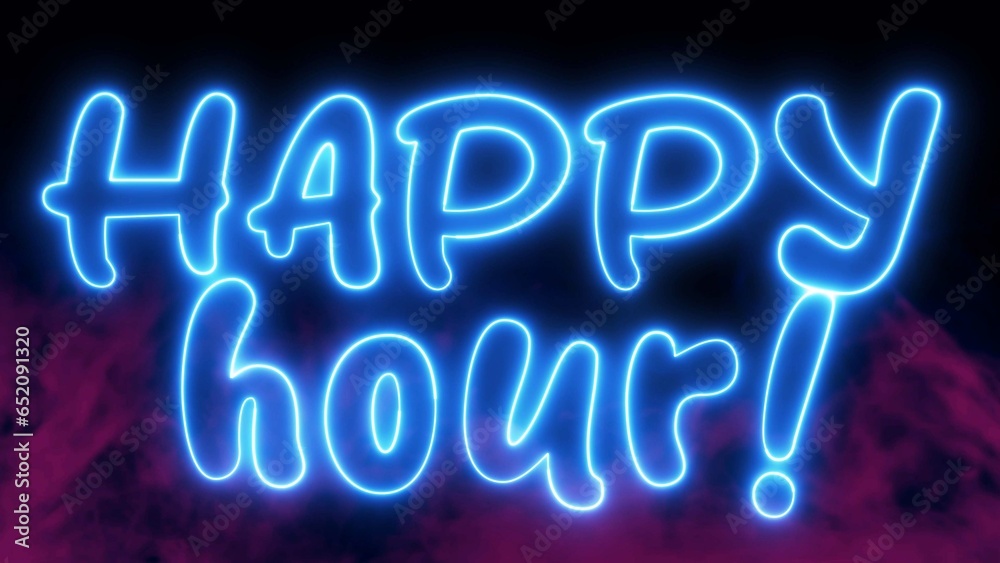 Happy Hour text font with light. Luminous and shimmering haze inside the letters of the text Happy Hour. Happy Hour text font with light. Luminous and shimmering haze inside the letters of the text Happy Hour.