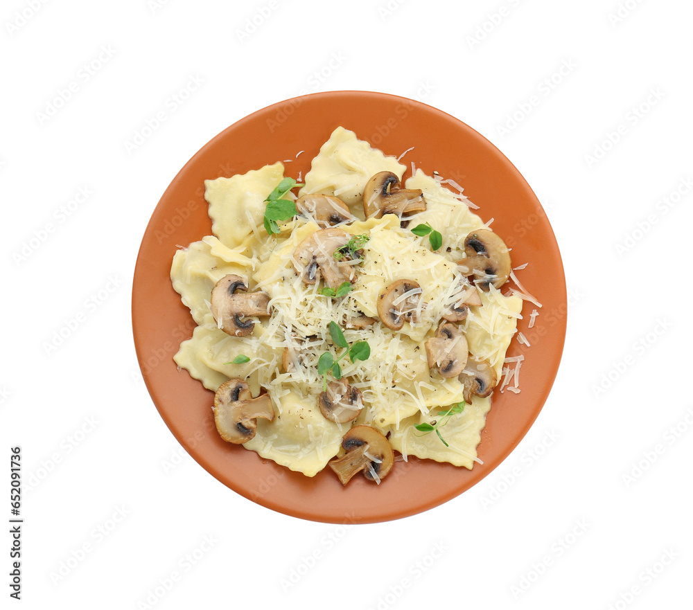 Plate of delicious ravioli with mushrooms and cheese isolated on white, top view Plate of delicious ravioli with mushrooms and cheese isolated on white, top view