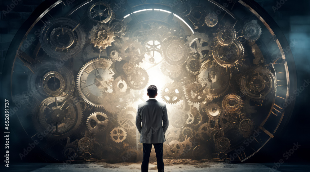 Time management concept with businessman standing and looking at gears mechanism in dark room - obrazy, fototapety, plakaty 