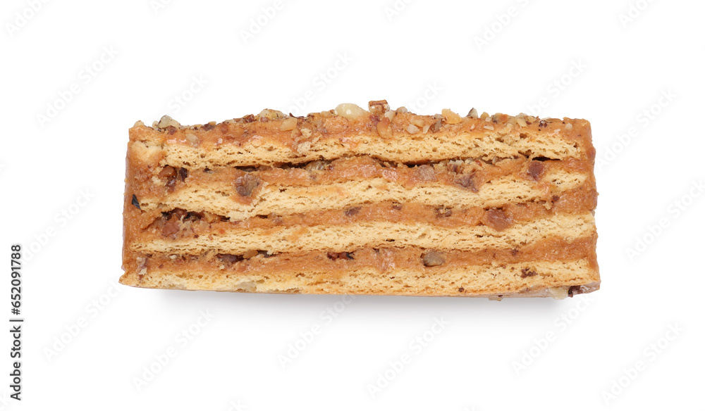 Delicious layered honey cake isolated on white, top view Delicious layered honey cake isolated on white, top view