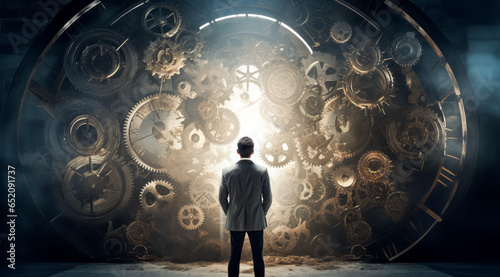 Time management concept with businessman standing and looking at gears mechanism in dark room photo